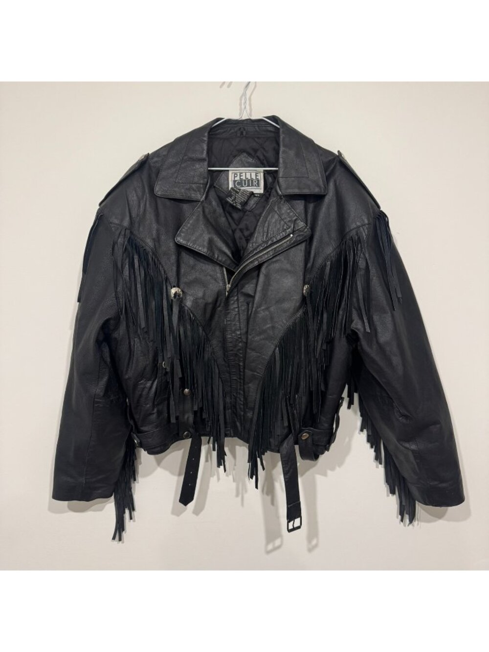Vintage 1990s Pelle Cuir Leather Fringe Jacket Western Size M Black